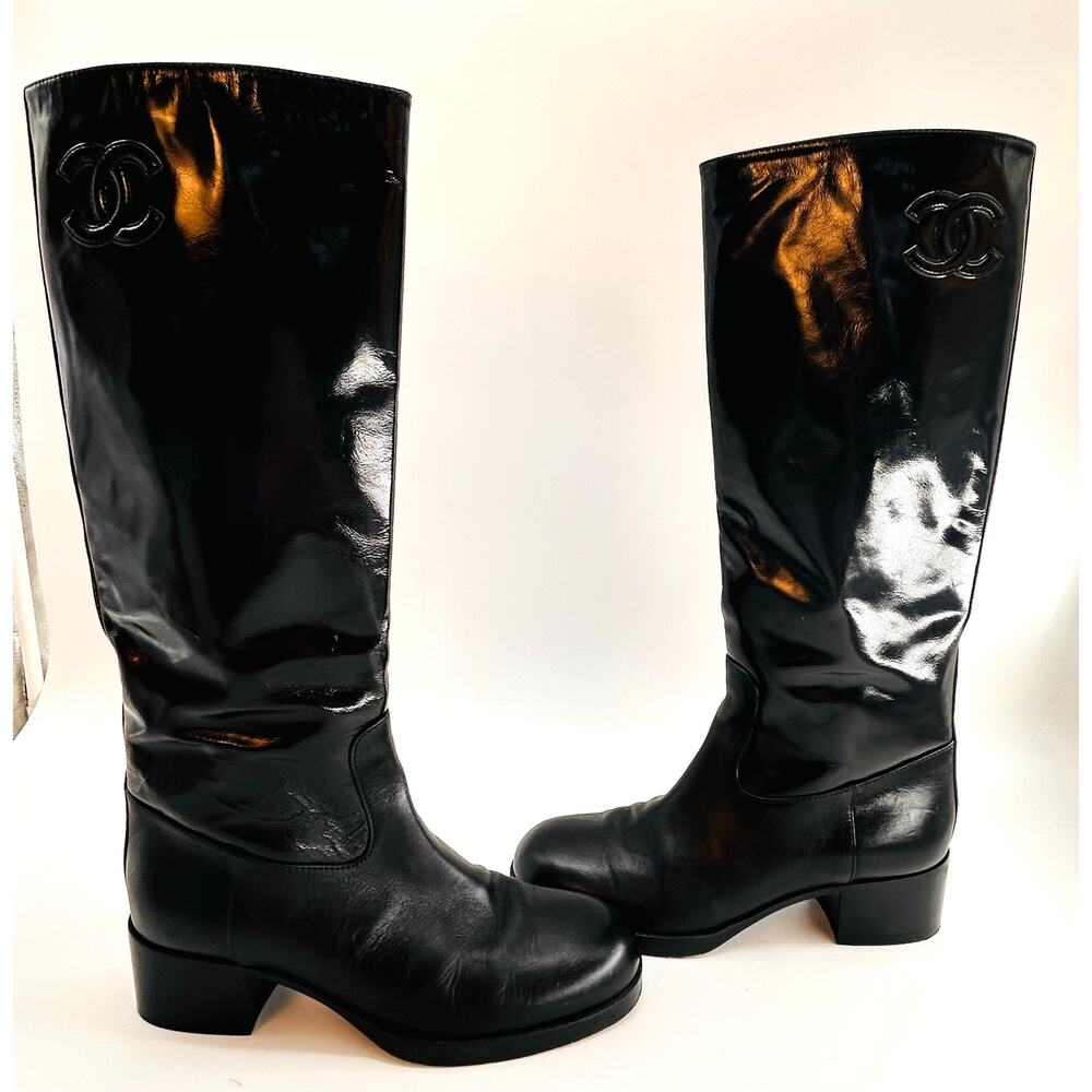 Chanel CC Black Patent Leather Riding Boots EU 35 US 5